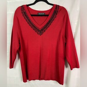 Jones New York Vintage Red Sweater Black Beaded Vneck 2XL